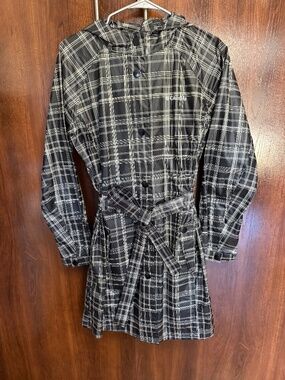 Columbia Plaid Rain Jacket Coat Women’s M Black White Belted Hooded Trench Light